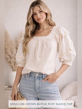 Anna Cate Cotton Ruffle Puff Sleeve Top XS Cream Cottagecore Romantic Blouse
